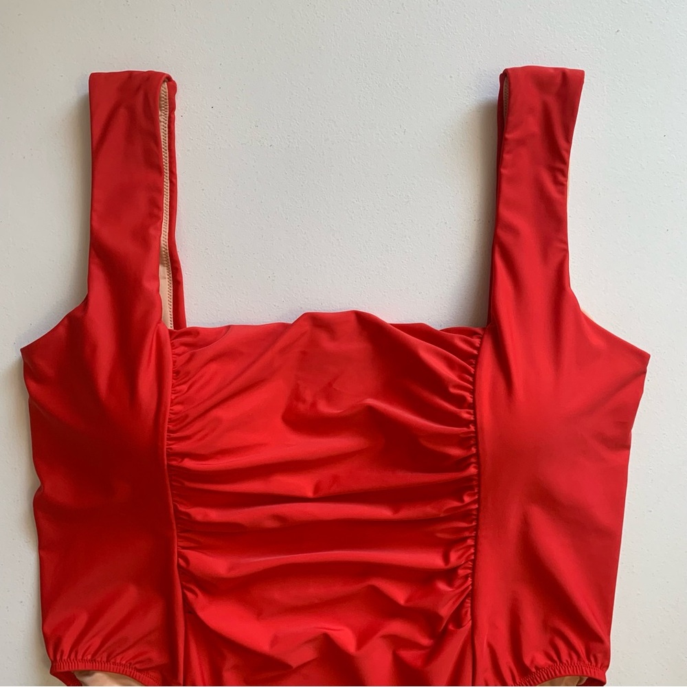 J Crew Red Ruched Squareneck One Piece Swimsuit Size 24 NWT - Picture 4 of 17